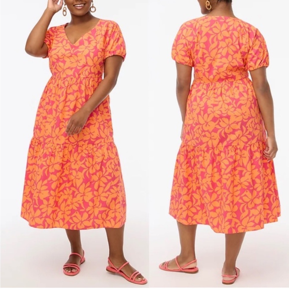 J. Crew Midi Floral Orange Pink Dress Size 8 V-Neck Puff Sleeves